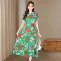 Middle Aged Women's Cotton Rayon Night Dress Summer New Plus Size Mother Nightgowns Printed Nightshirt Lounge Home Outside Wear