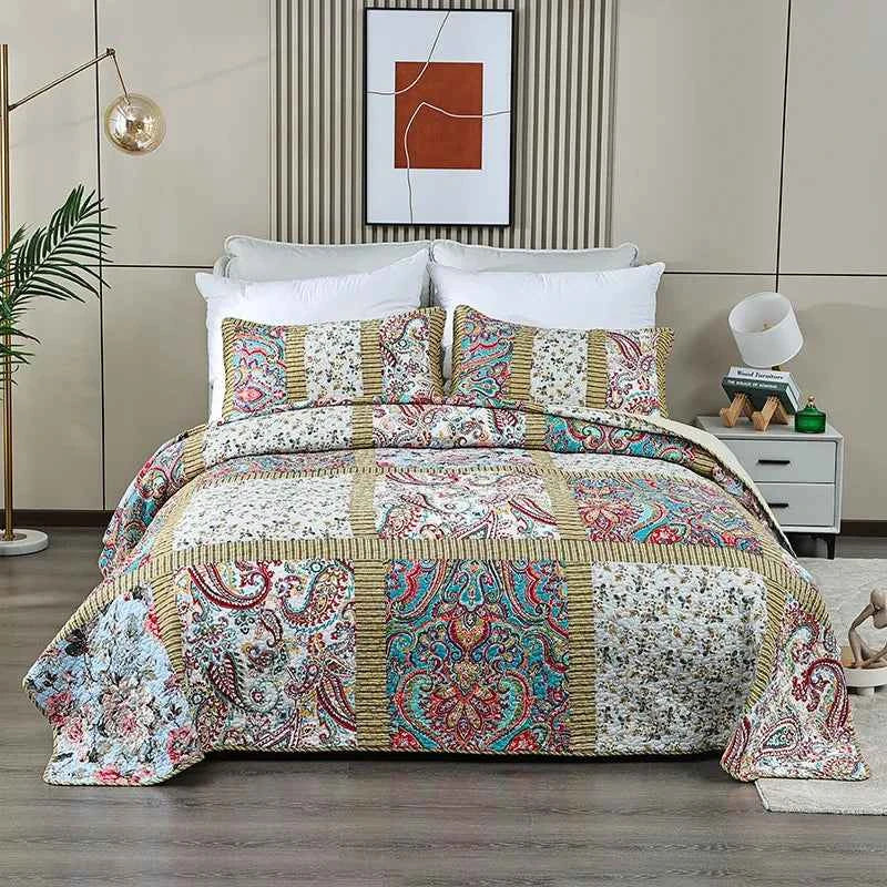Handmade Patchwork Printed Bedspread 3 Piece Quilt Set 100% Cotton All Season Lightweight Summer Thin Comforter Machine Washable