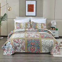 Handmade Patchwork Printed Bedspread 3 Piece Quilt Set 100% Cotton All Season Lightweight Summer Thin Comforter Machine Washable