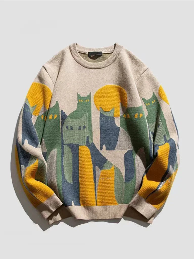 2024 Autumn Knitted Sweater Men Women Winter Harajuku Cartoon Full Cat Print Pullover Vintage Causal Loose Sweaters Streetwear