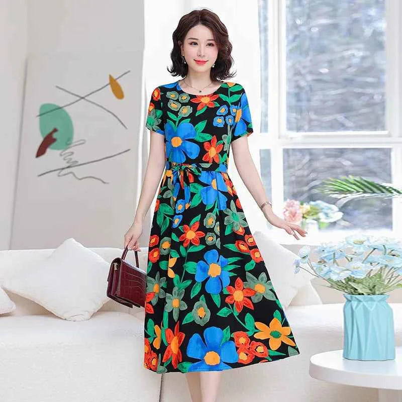 Middle Aged Women's Cotton Rayon Night Dress Summer New Plus Size Mother Nightgowns Printed Nightshirt Lounge Home Outside Wear