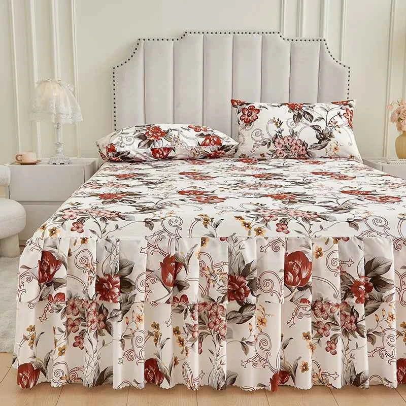 3pcs set Floral Style Bed Skirt and Pillowcase Ruffles Bed Cover Home Soft Bedspread Skirt Style Bed Linen 침대스커트