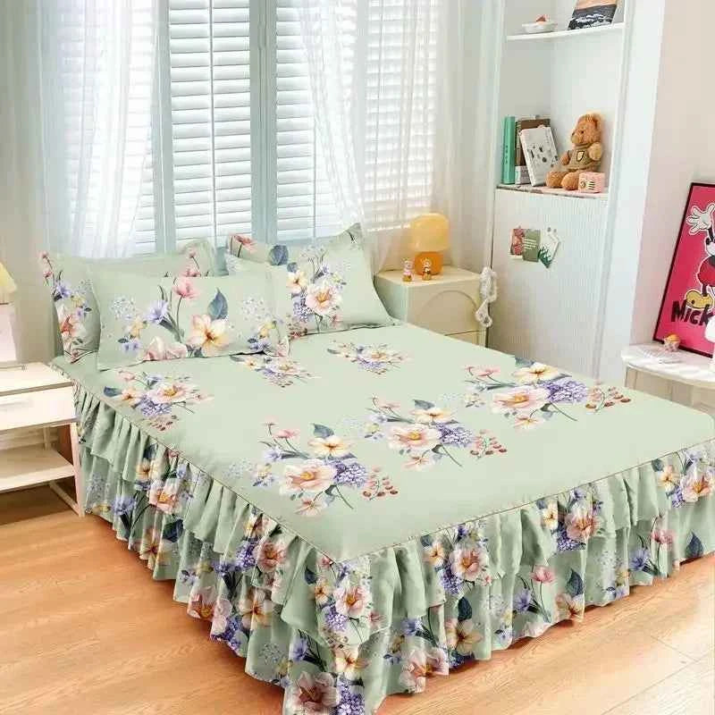 Floral Pattern Bed Skirt Set Mattress Anti Slip Protective Cover for Household Bedding Double Layered Skirt Dustproof Bed Covers
