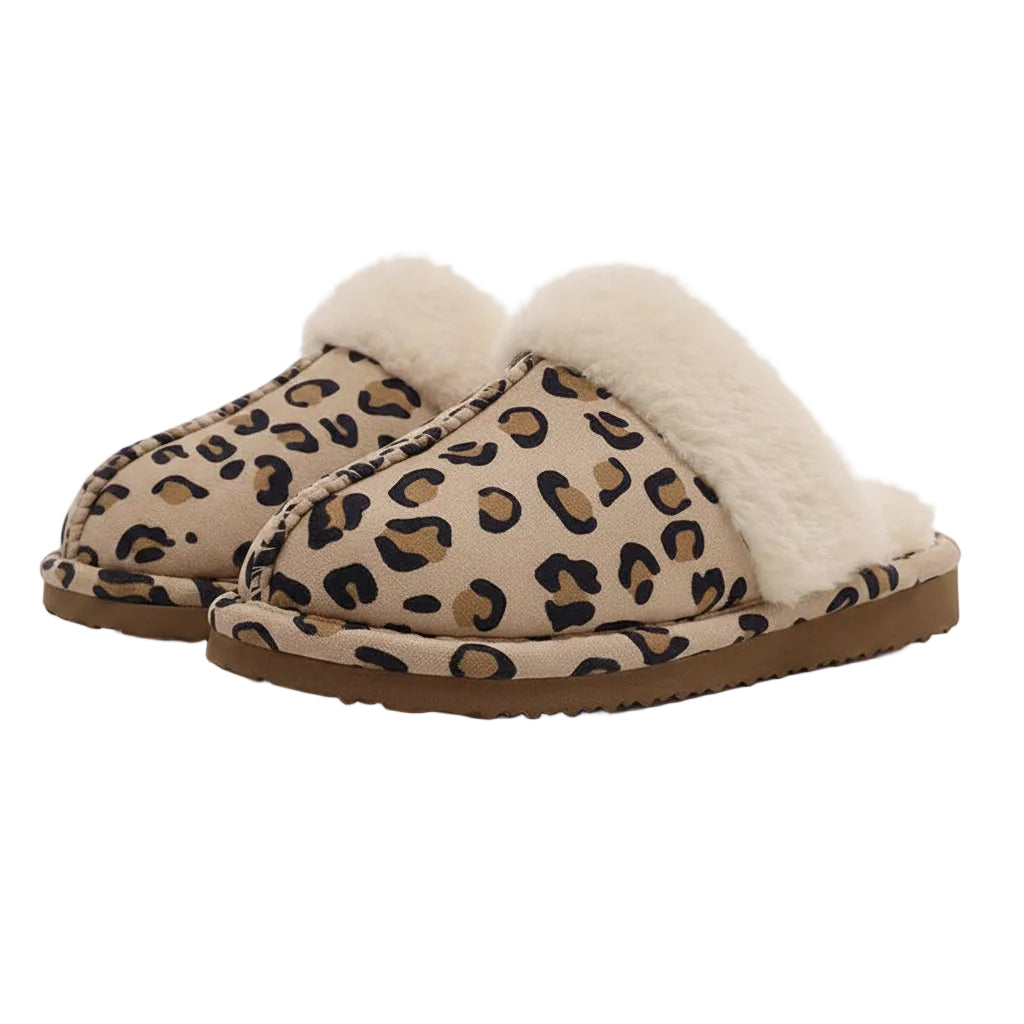 Pair of leopard print slippers with white fur lining on a white background