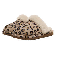 Pair of leopard print slippers with white fur lining on a white background