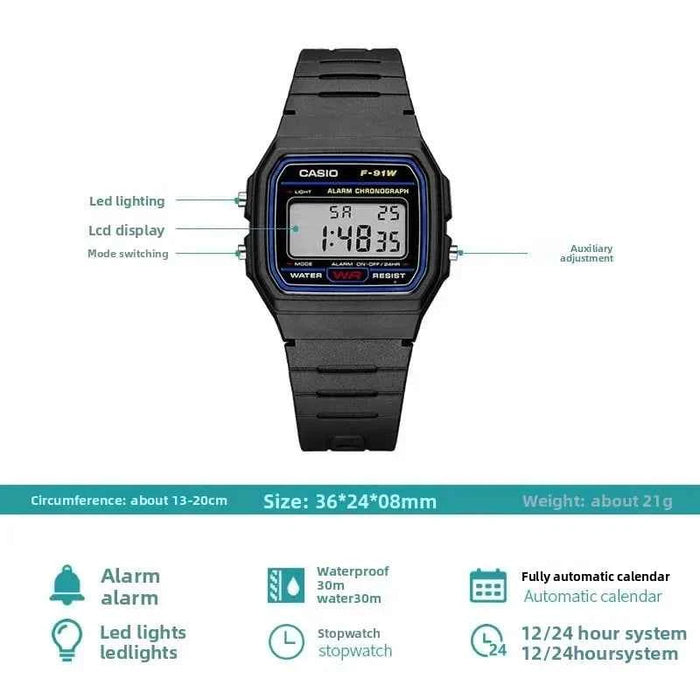 Casio F91W Series Fashionable Simple Retro Small Square LCD Display Waterproof Quartz Watch Trendy Versatile Electronic Watch