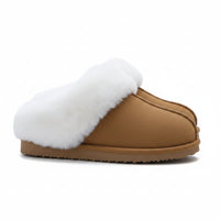 Tan slipper with white fur lining on a white background