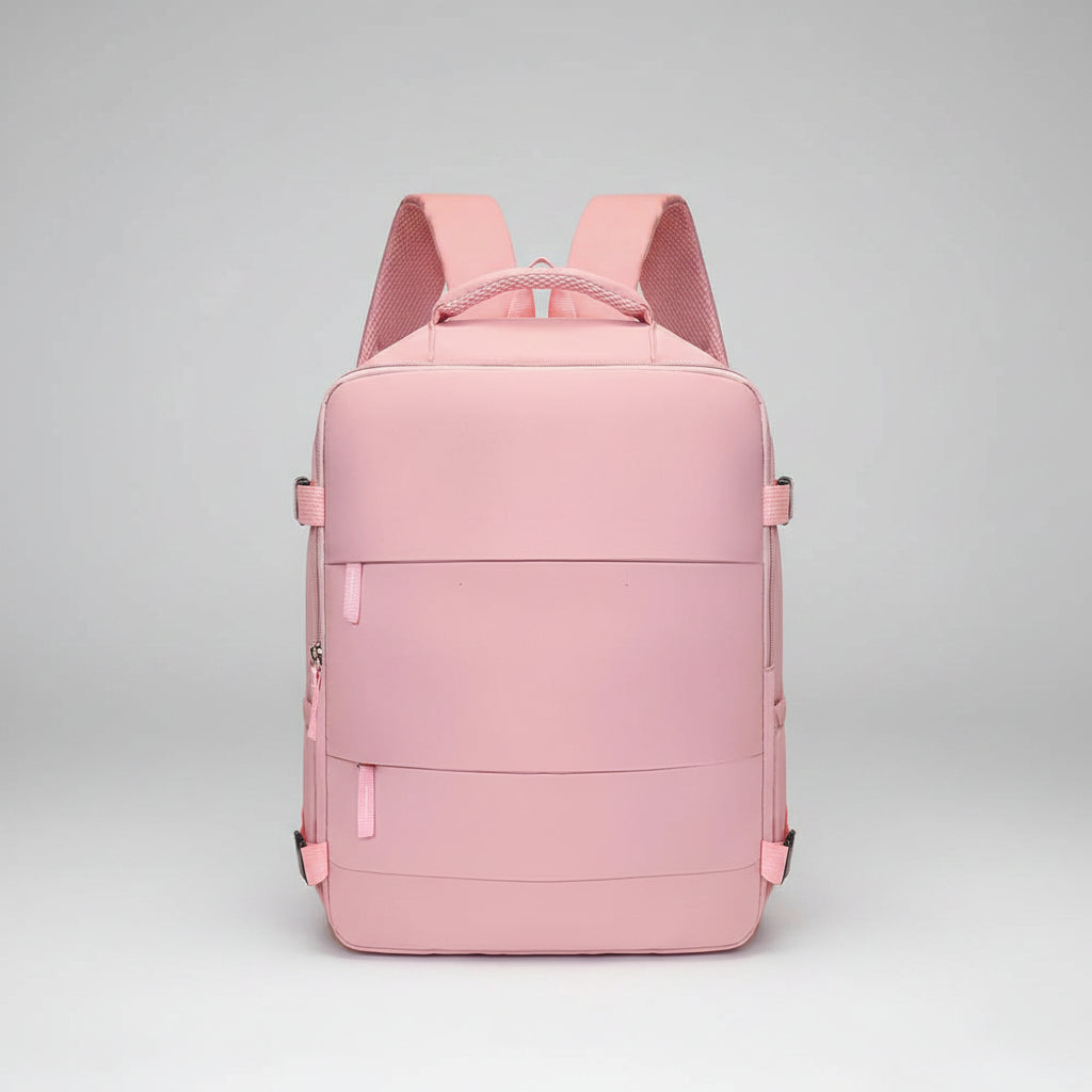 Pink backpack on a white background