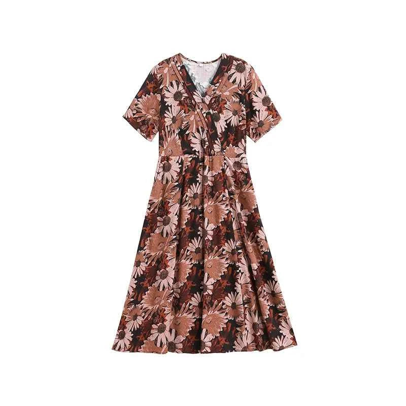 New Casual 2024 Women summer Dress Floral Print short Sleeve FashionElegant Vintage O-Neck Plus size Dresses