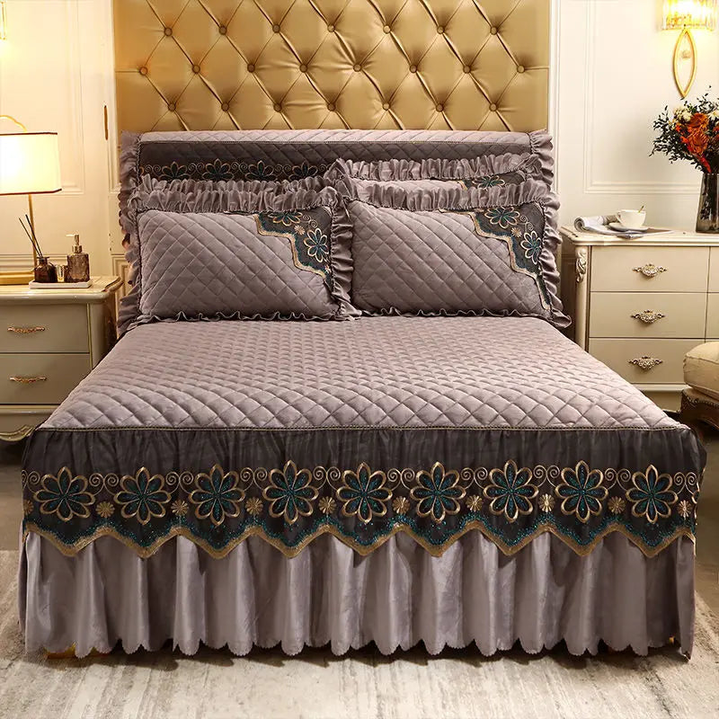 European Luxury Quilted Bed Skirt - Thicken Velvet King Size Winter Bedspread