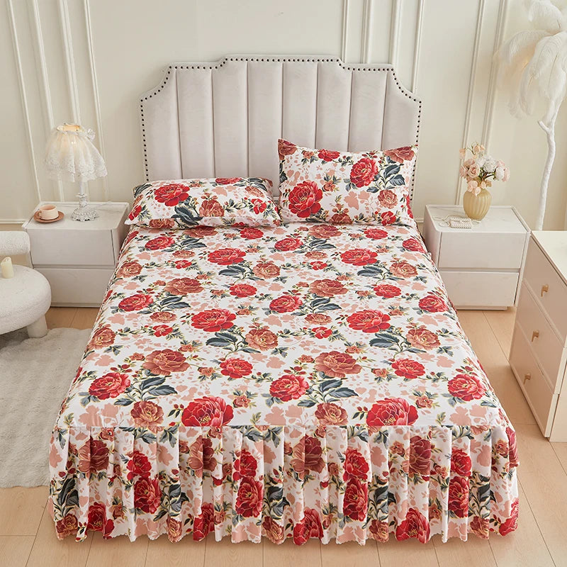 Transform Your Bedroom with Our Floral Bed Skirt and Pillowcase Set