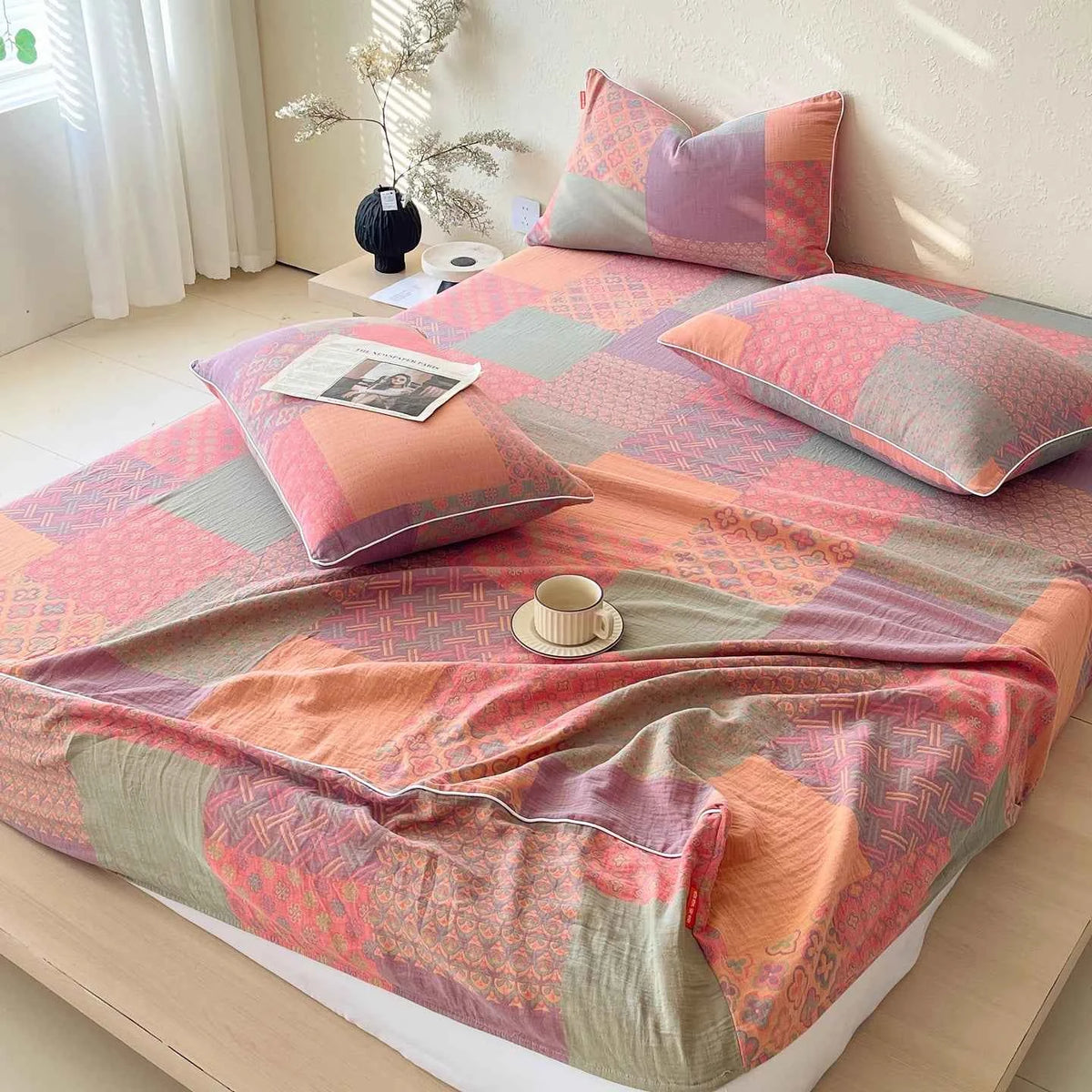 100%Cotton Bed Sheets Jacquard Double-layer Gauze Fitted Bed Sheet with Elastic Single/Queen/King Cotton Gauze sabana para cama