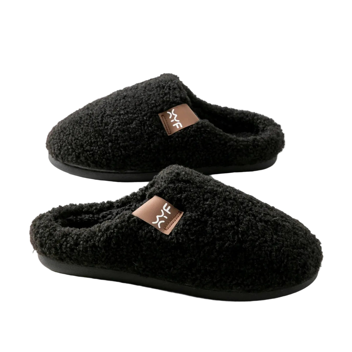 Pair of black slippers with a brand logo on a light gray background