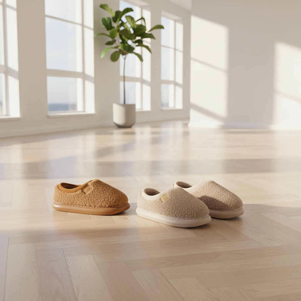 A pair of plush slip-on house slippers in warm beige and tan, shown with one pair on a person's feet and another pair placed on the floor. The slippers have a soft sherpa-like texture, cream lining, and small tan brand tabs.