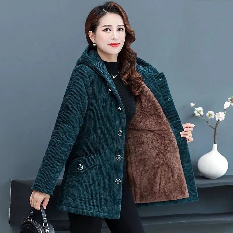 Corduroy Jackets for Women 2024 New Solid Loose Hooded Outerwear Warm Casual Overcoats Ideal for Middle-aged and Elderly Women