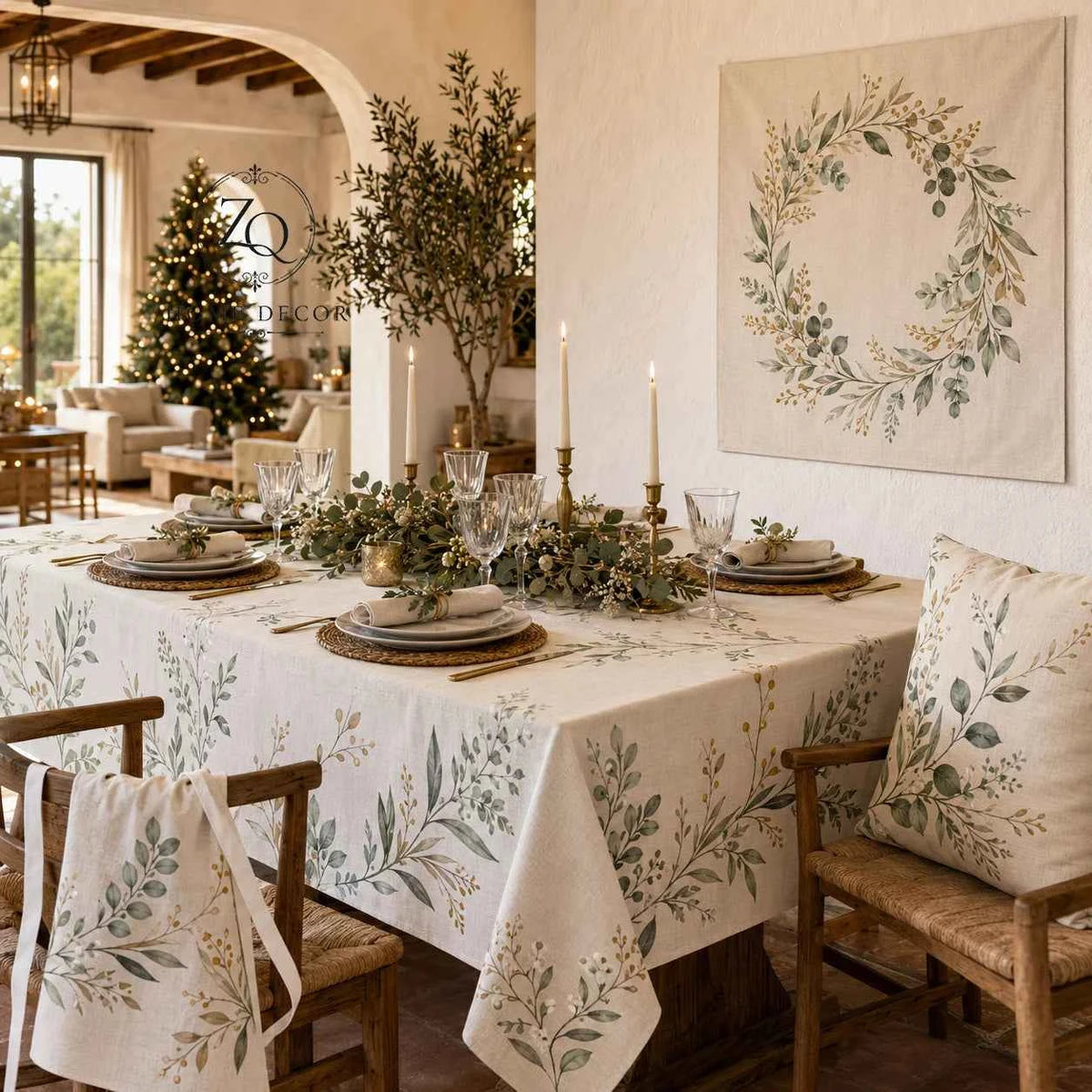 Tablecloth with Botanical and Leaf Print, Mediterranean and Natural Style Dining Room Decoration for Home with Pillowcase 2