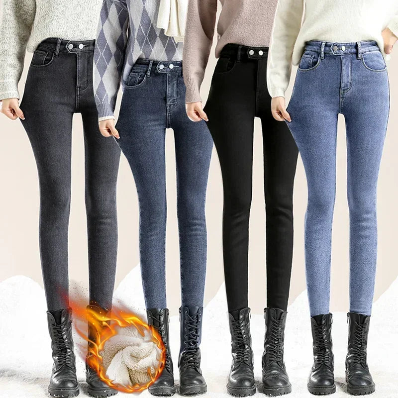 ZOENOVA Winter Thick Velvet Women High Waist Skinny Jeans Simple Fleece Warm Slim Fit Stretch Ladies Casual Denim Pencil Pants