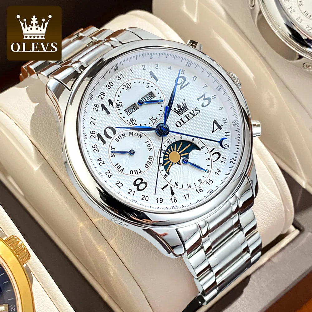 OLEVS Luxury Men Mechanical Watch - Original Digital Moon Phase Waterproof Chronograph Sports Watch