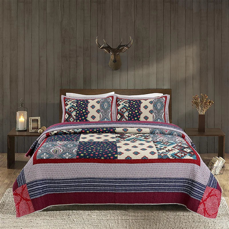 Handmade Patchwork Quilted Bedspread - 3 Piece 100% Cotton Comfort Set for All Seasons