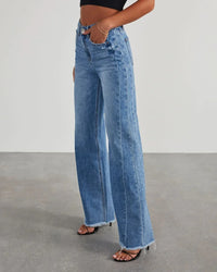 Wide Leg Pants Women Splice Casual Loose Jeans Pockets Button Mid Waist Regular Straight Denim Long Trousers