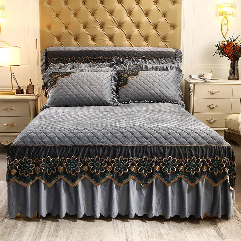 European Luxury Quilted Bed Skirt - Thicken Velvet King Size Winter Bedspread