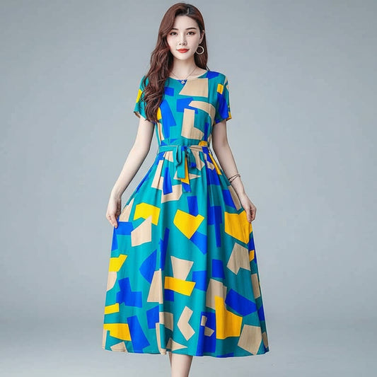 Middle Aged Women's Cotton Rayon Night Dress Summer New Plus Size Mother Nightgowns Printed Nightshirt Lounge Home Outside Wear