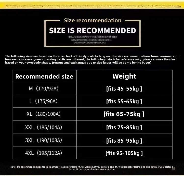 Size recommendation chart for clothing with weight ranges.