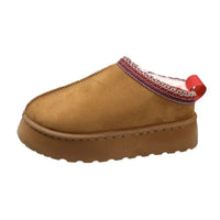 Brown slipper with red and white trim on a white background