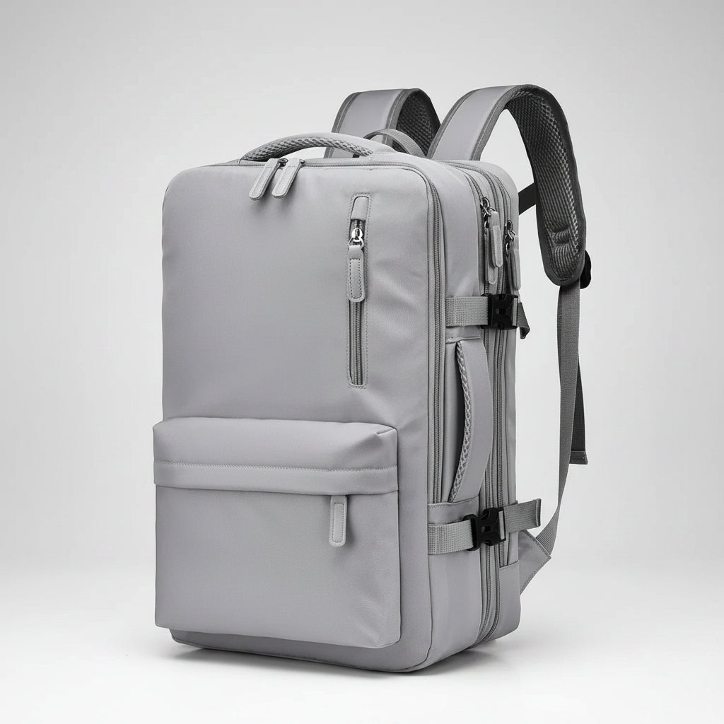 Gray backpack with multiple compartments 