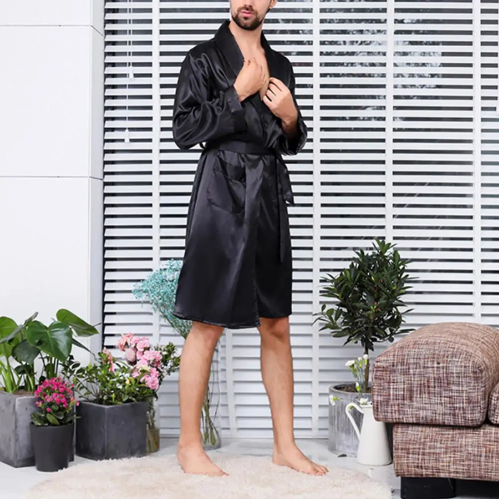 Men Bath Robe Black Lounge Sleepwear Silk Nightwear For Men Comfort Silky Bathrobes Noble Dressing Gown Men's Sleep Robes