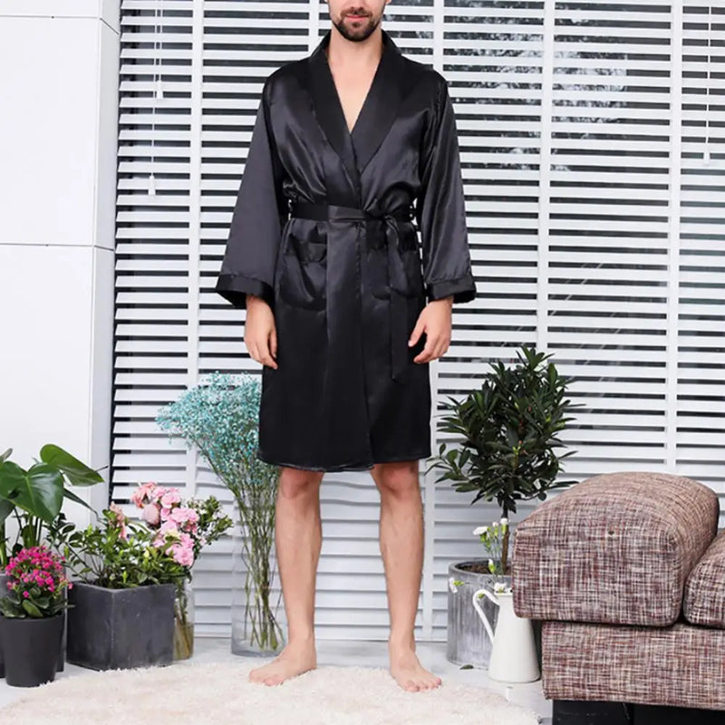 Men Bath Robe Black Lounge Sleepwear Silk Nightwear For Men Comfort Silky Bathrobes Noble Dressing Gown Men's Sleep Robes