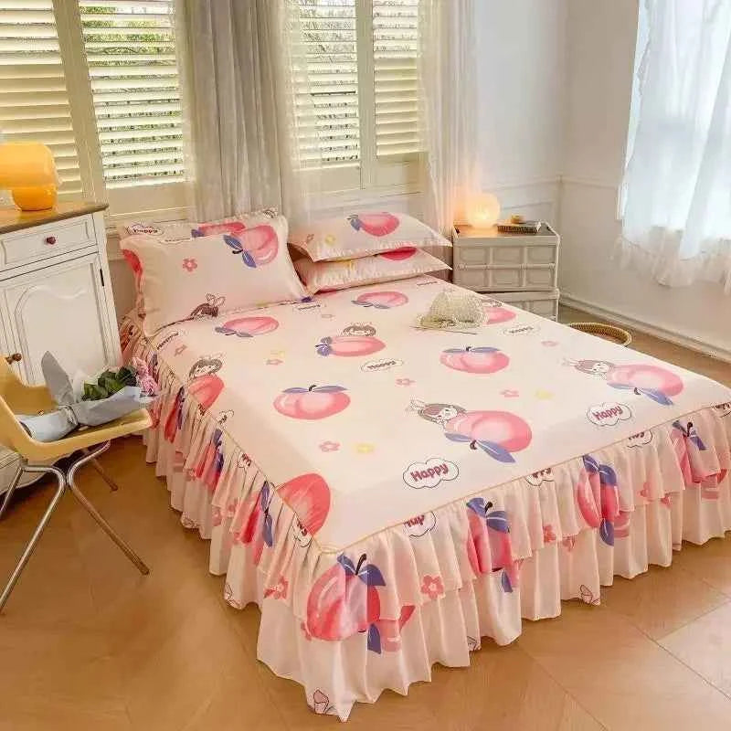 Floral Pattern Bed Skirt Set Mattress Anti Slip Protective Cover for Household Bedding Double Layered Skirt Dustproof Bed Covers