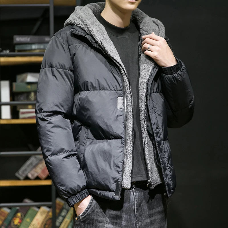 Thicken Warm Cotton Hooded Parka for Men High Quality Winter Outdoor Windproof Jacket in Black Fashion Style