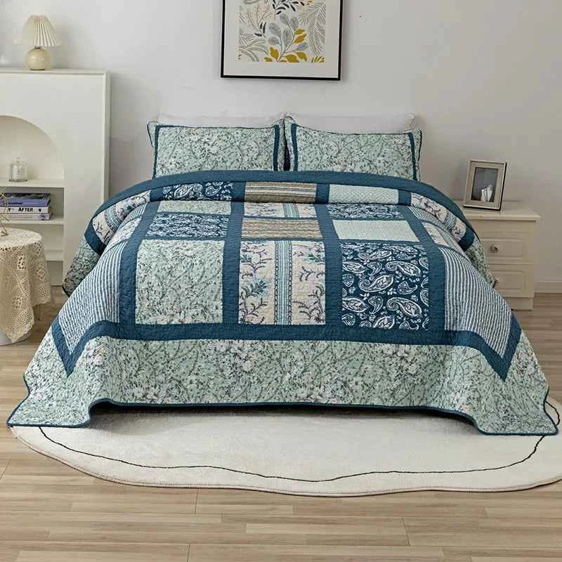 Handmade Patchwork Printed Bedspread 3 Piece Quilt Set 100% Cotton All Season Lightweight Summer Thin Comforter Machine Washable