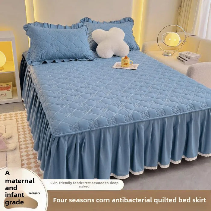Thickened Cotton Bed Skirt Anti-Slip Three-Piece Set for Queen Size – Versatile Pure Color Bed Cover for All Seasons