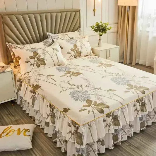 Floral Pattern Bed Skirt Set Mattress Anti Slip Protective Cover for Household Bedding Double Layered Skirt Dustproof Bed Covers