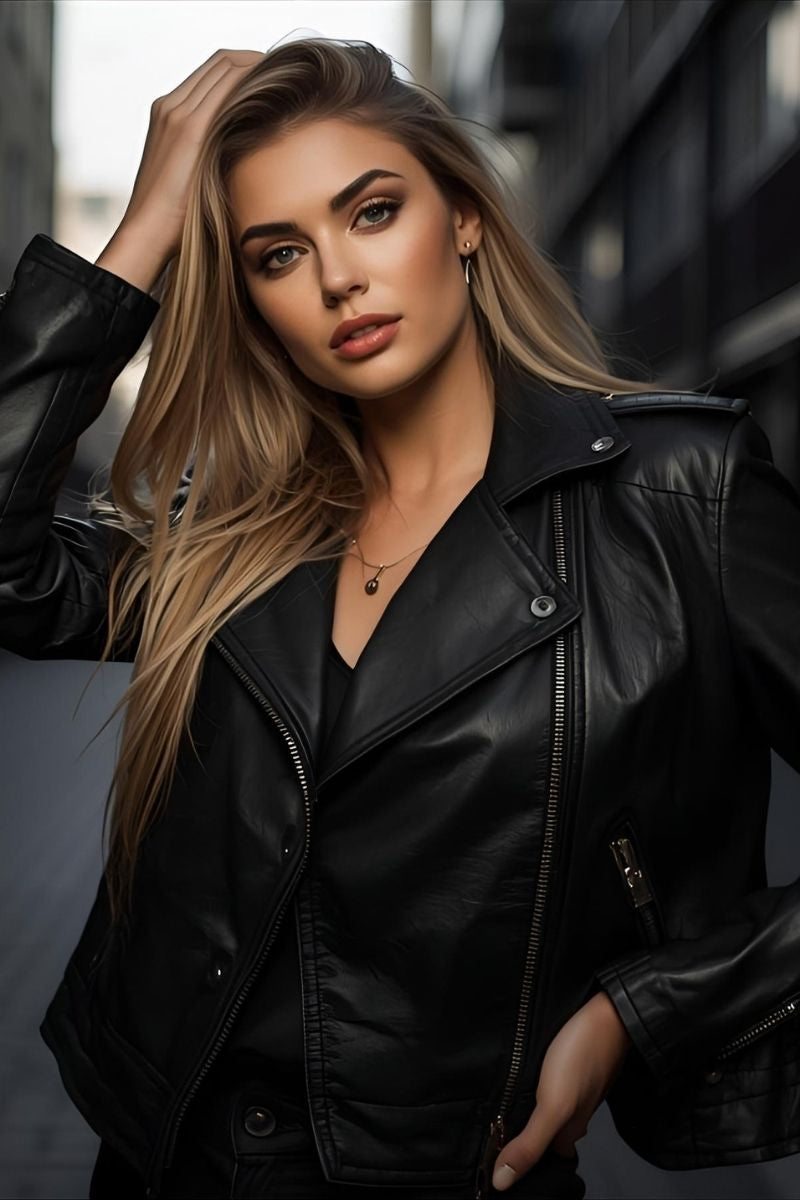 Woman wearing a black leather jacket with a blurred background