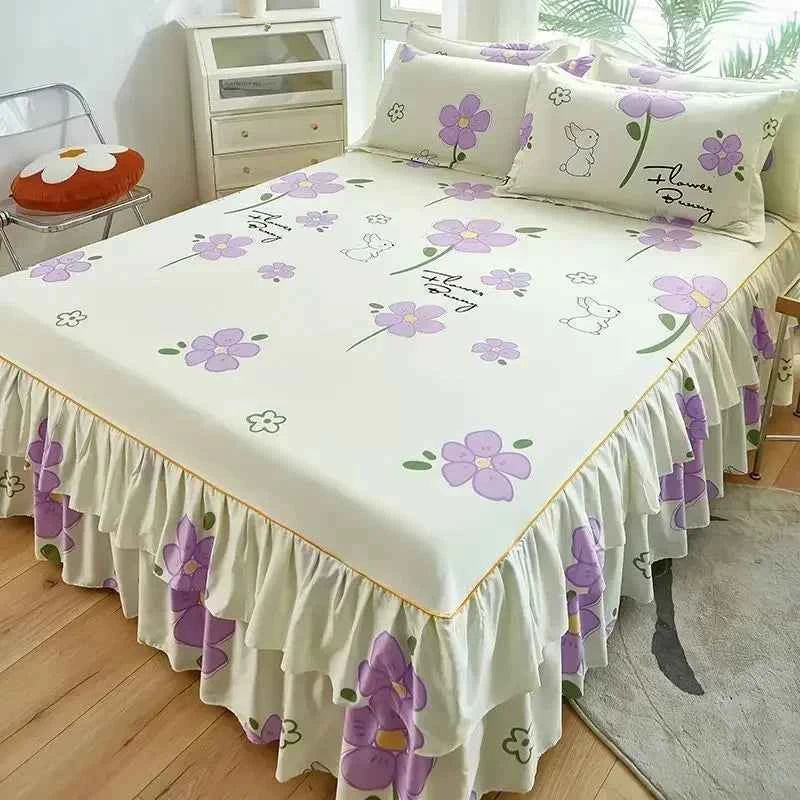 Floral Pattern Bed Skirt Set Mattress Anti Slip Protective Cover for Household Bedding Double Layered Skirt Dustproof Bed Covers