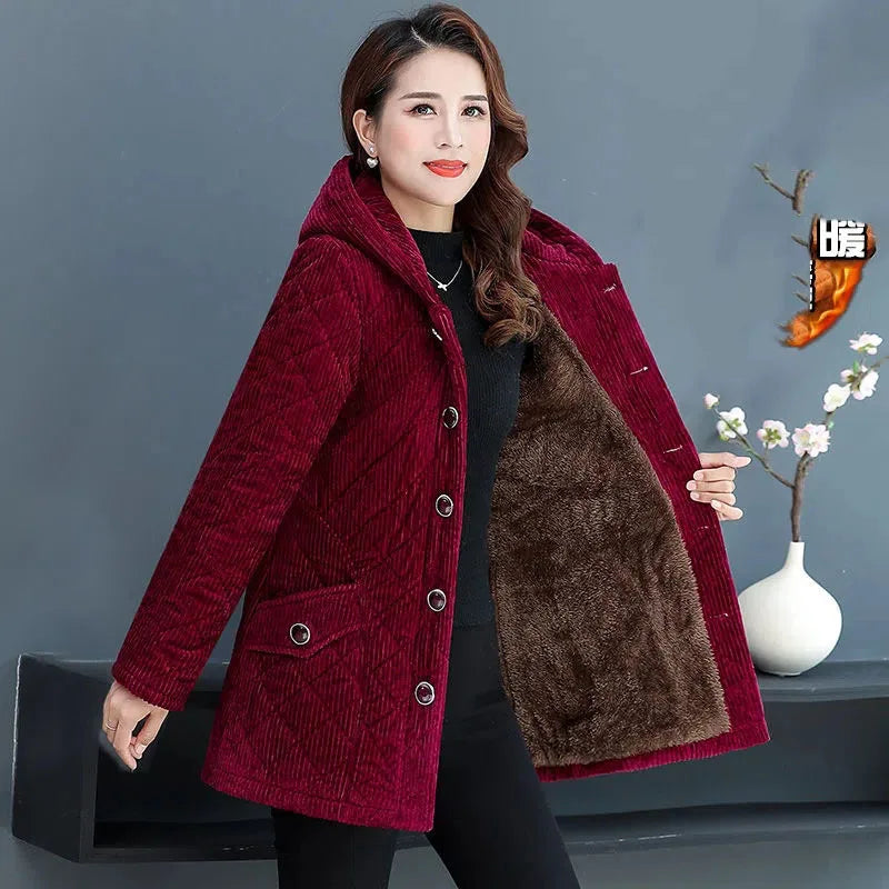 Corduroy Jackets for Women 2024 New Solid Loose Hooded Outerwear Warm Casual Overcoats Ideal for Middle-aged and Elderly Women