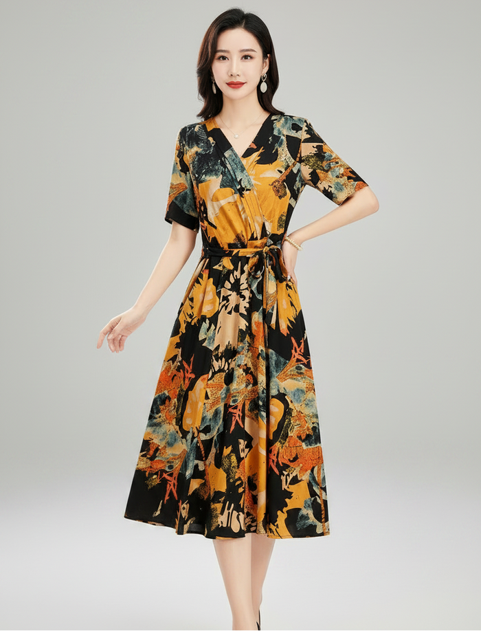New Casual 2024 Women summer Dress Floral Print short Sleeve FashionElegant Vintage O-Neck Plus size Dresses