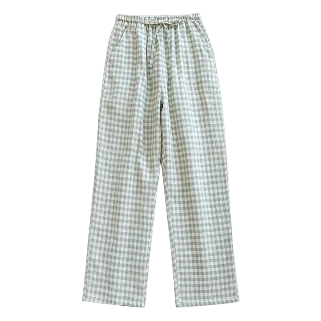 Green and white checkered pants on a light background