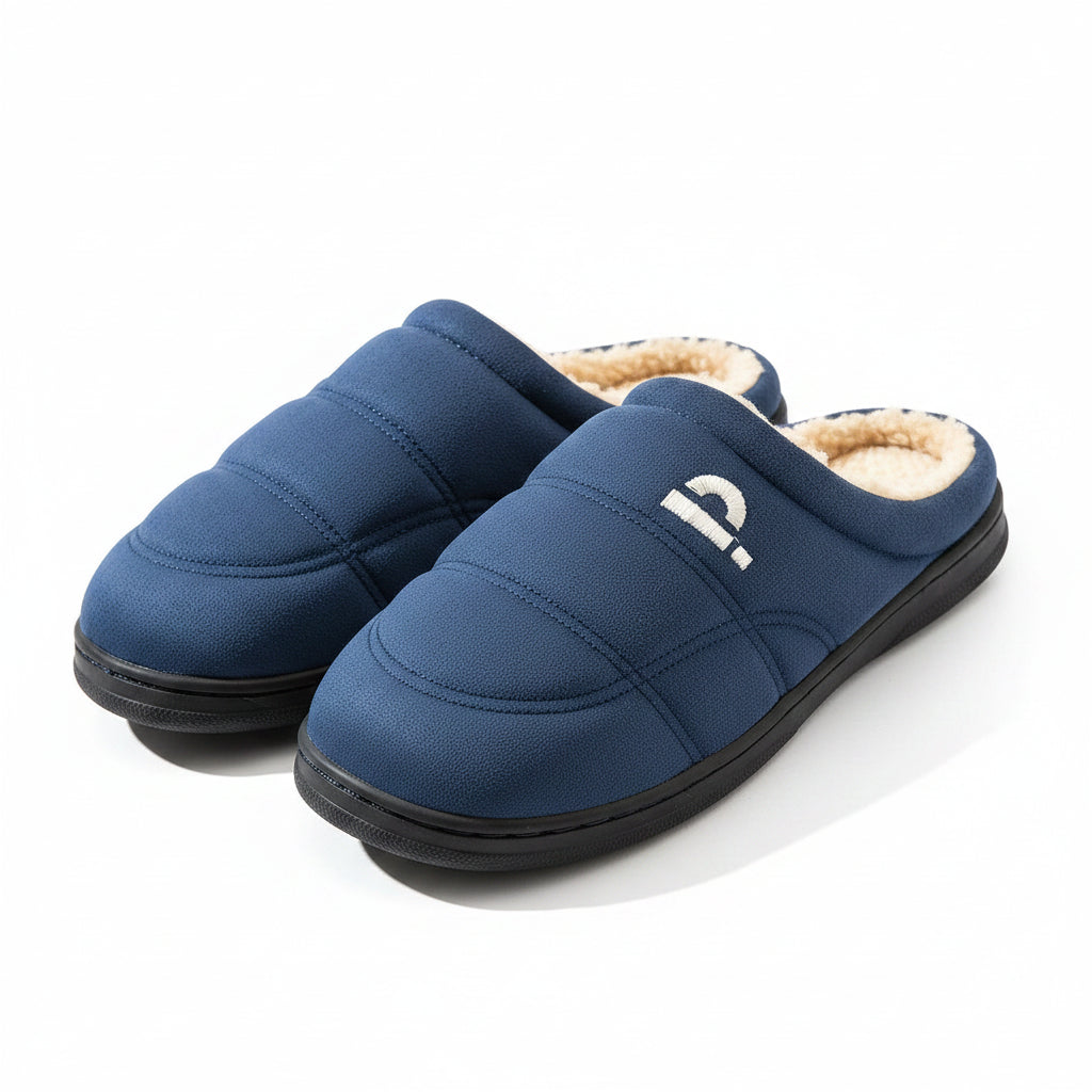 Pair of blue slippers with beige lining on a wooden floor.