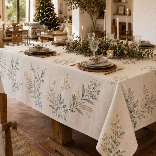 Tablecloth with Botanical and Leaf Print, Mediterranean and Natural Style Dining Room Decoration for Home with Pillowcase 2