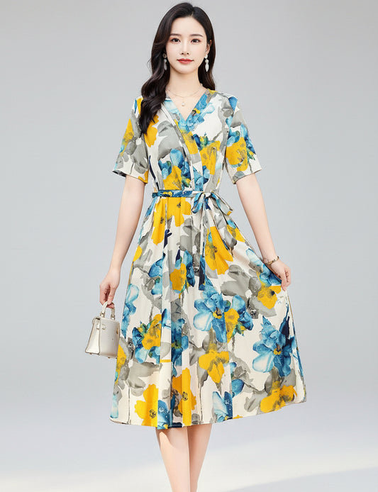New Casual 2024 Women summer Dress Floral Print short Sleeve FashionElegant Vintage O-Neck Plus size Dresses