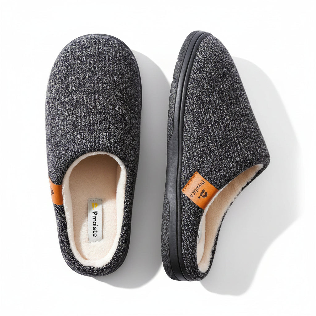 A pair of dark gray heathered knit slip-on house slippers with a cream sherpa lining and small orange brand tabs, shown on a solid beige background.