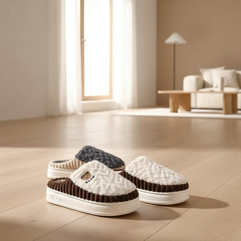Three pairs of plush indoor slippers arranged on a wooden floor, with one pair being worn. A bare foot is stepping into the front pair.