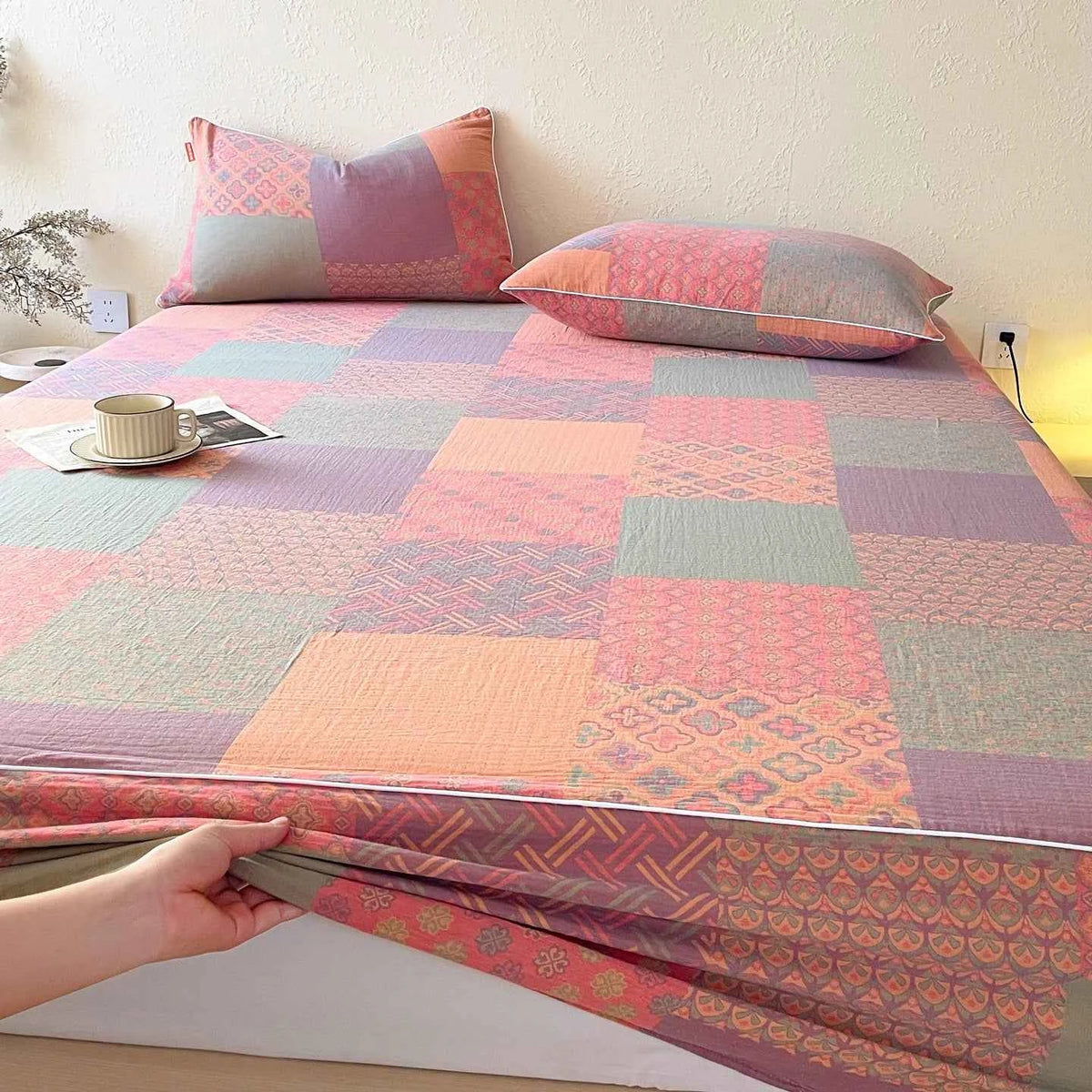 100%Cotton Bed Sheets Jacquard Double-layer Gauze Fitted Bed Sheet with Elastic Single/Queen/King Cotton Gauze sabana para cama