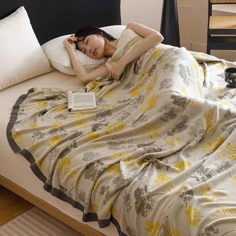 2026 Pastoral Bamboo Double-Layer Towel Quilt Plant Printed Nap Blanket for Office Sofa Soft Summer Breathable Thin Home Textile
