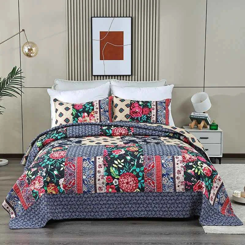 Handmade Patchwork Printed Bedspread 3 Piece Quilt Set 100% Cotton All Season Lightweight Summer Thin Comforter Machine Washable