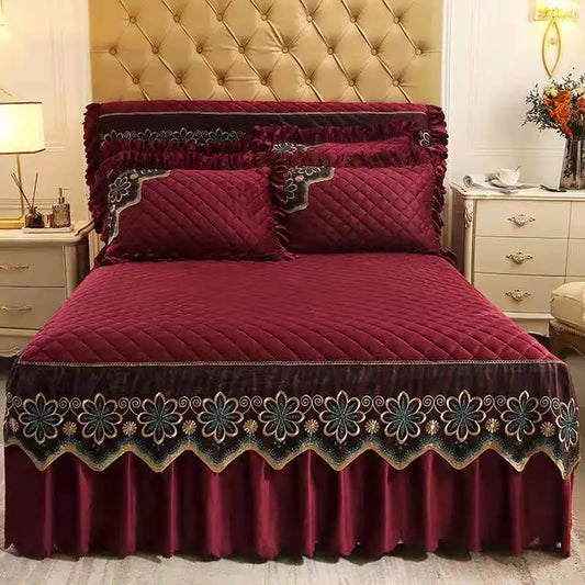 European Luxury Quilted Bed Skirt - Thicken Velvet King Size Winter Bedspread